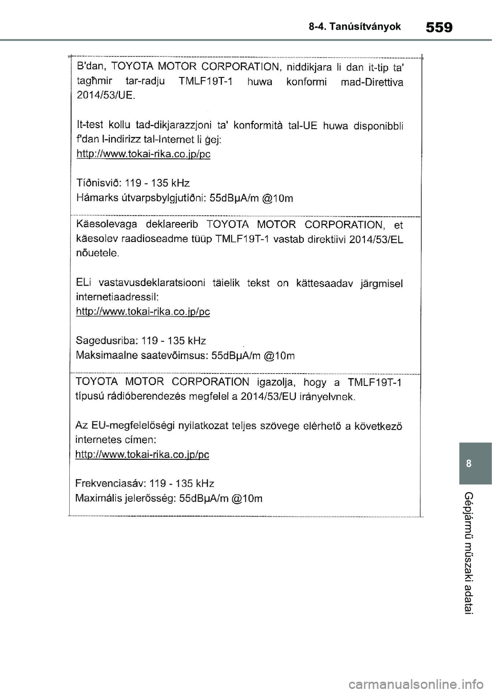 TOYOTA YARIS 2022  Kezelési útmutató (in Hungarian) 559
8
8-4. Tanúsítványok
Gépjármű műszaki adatai 