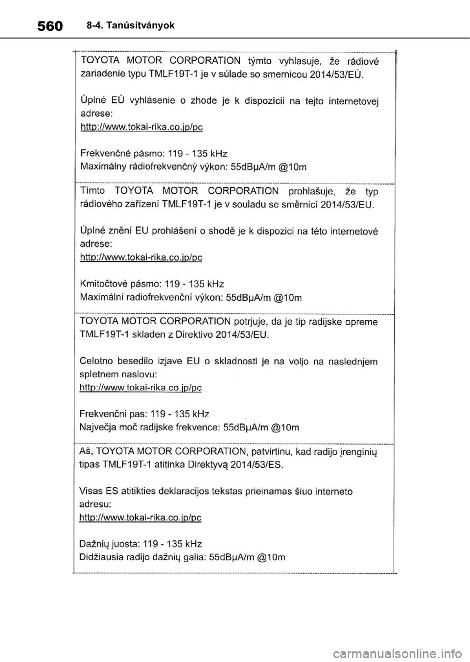 TOYOTA YARIS 2022  Kezelési útmutató (in Hungarian) 5608-4. Tanúsítványok 