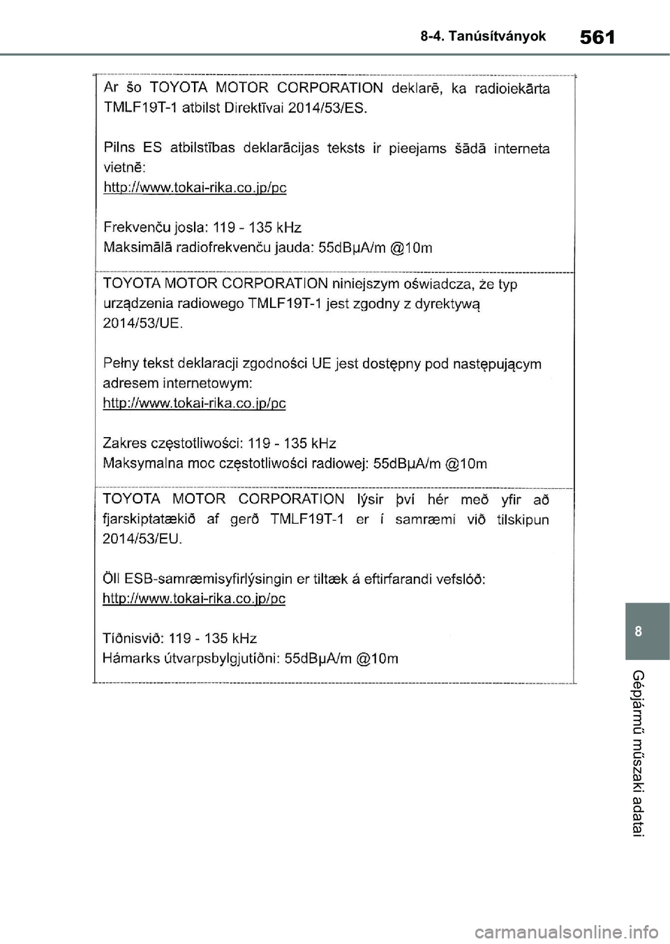 TOYOTA YARIS 2022  Kezelési útmutató (in Hungarian) 561
8
8-4. Tanúsítványok
Gépjármű műszaki adatai 