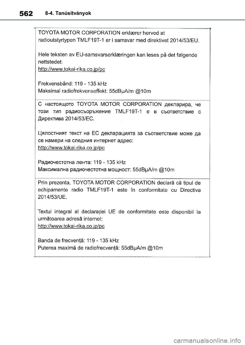 TOYOTA YARIS 2022  Kezelési útmutató (in Hungarian) 5628-4. Tanúsítványok 