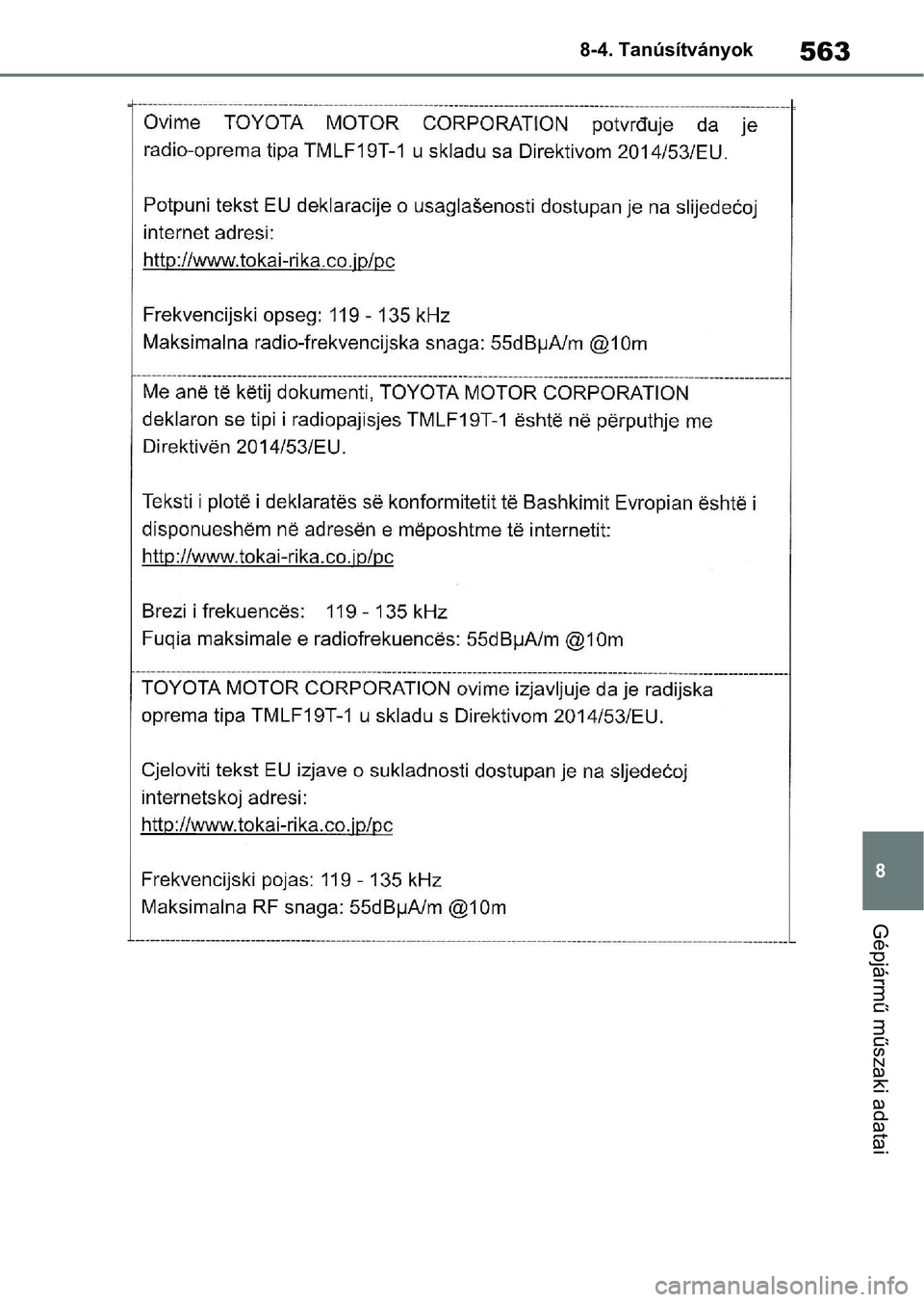 TOYOTA YARIS 2022  Kezelési útmutató (in Hungarian) 563
8
8-4. Tanúsítványok
Gépjármű műszaki adatai 
