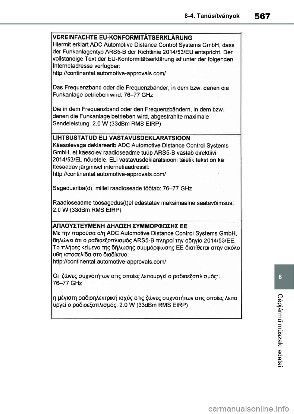 TOYOTA YARIS 2022  Kezelési útmutató (in Hungarian) 567
8
8-4. Tanúsítványok
Gépjármű műszaki adatai 
