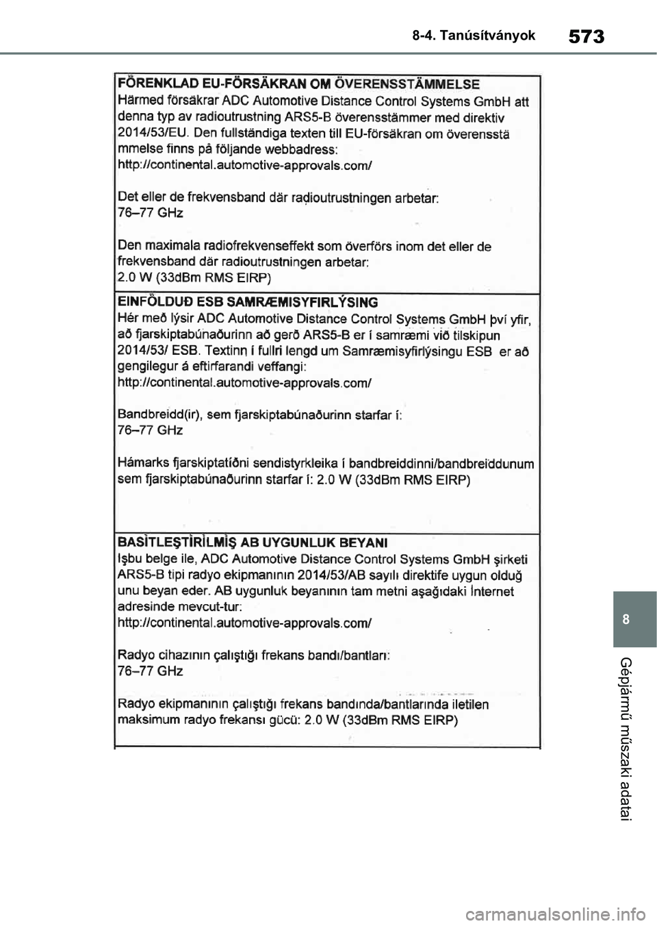 TOYOTA YARIS 2022  Kezelési útmutató (in Hungarian) 573
8
8-4. Tanúsítványok
Gépjármű műszaki adatai 