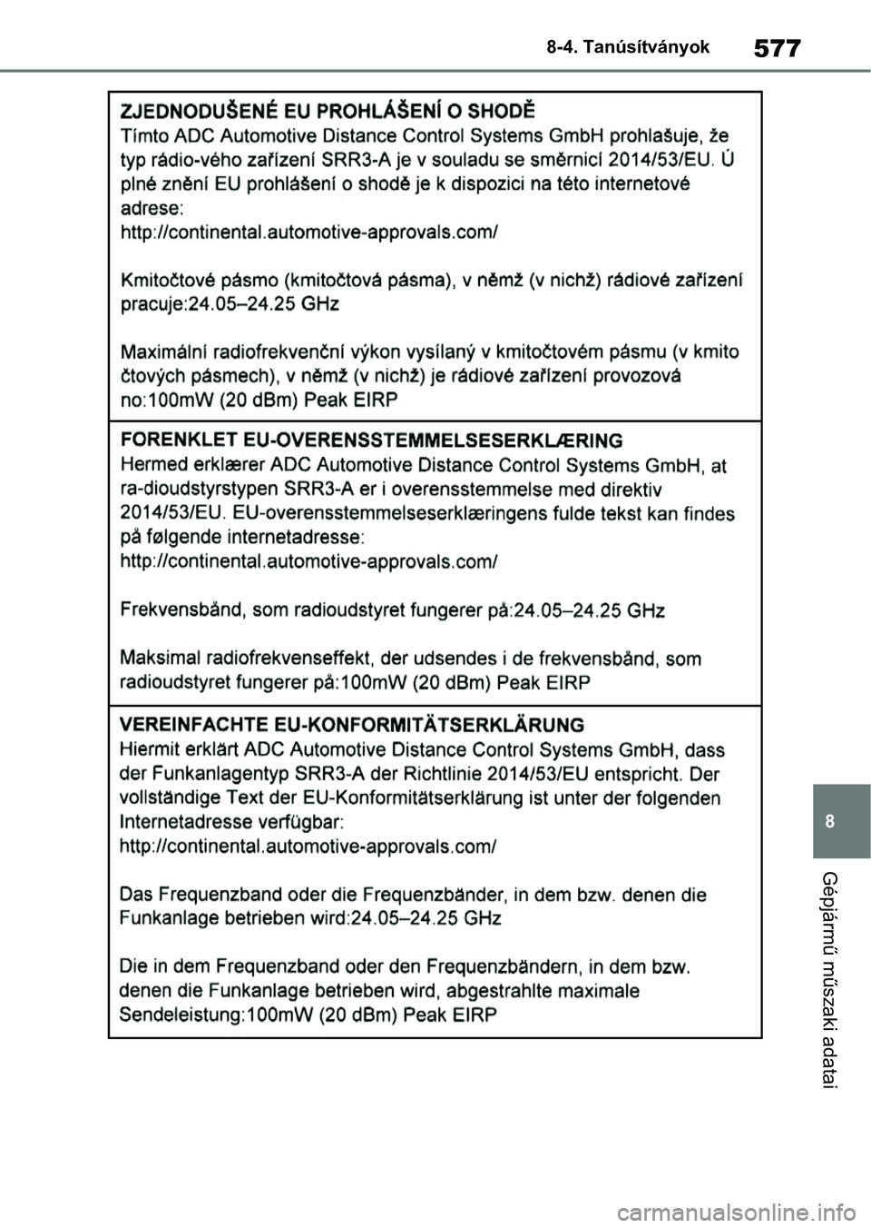 TOYOTA YARIS 2022  Kezelési útmutató (in Hungarian) 577
8
8-4. Tanúsítványok
Gépjármű műszaki adatai 