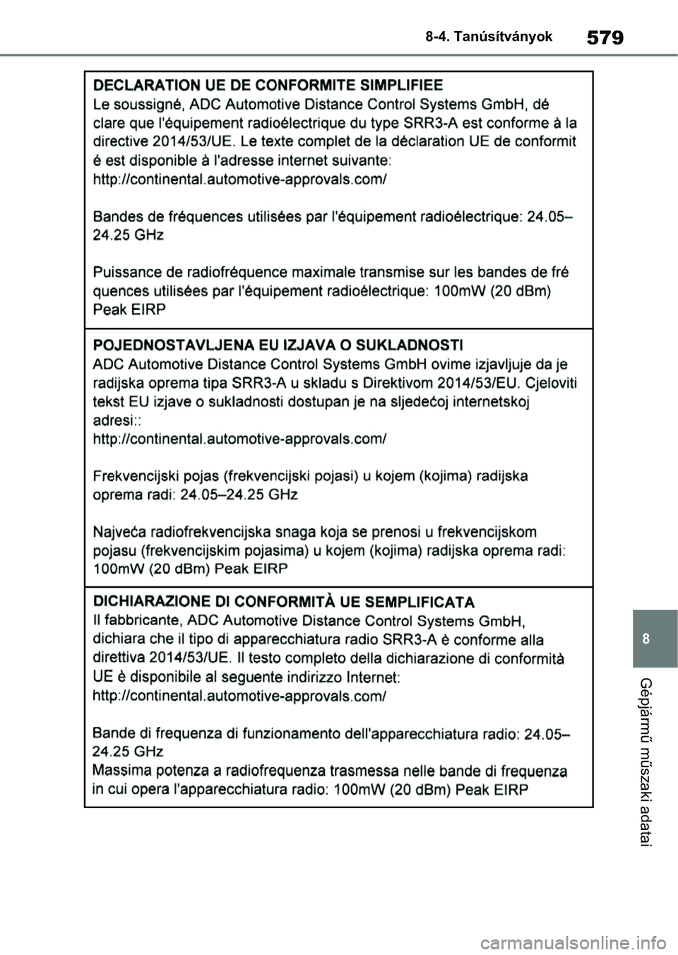 TOYOTA YARIS 2022  Kezelési útmutató (in Hungarian) 579
8
8-4. Tanúsítványok
Gépjármű műszaki adatai 