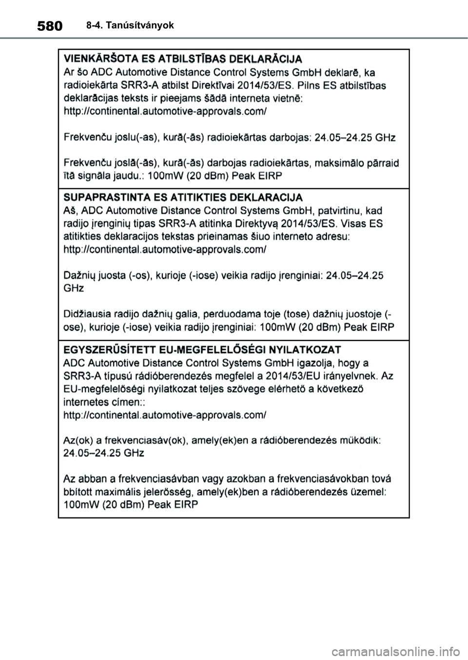 TOYOTA YARIS 2022  Kezelési útmutató (in Hungarian) 5808-4. Tanúsítványok 