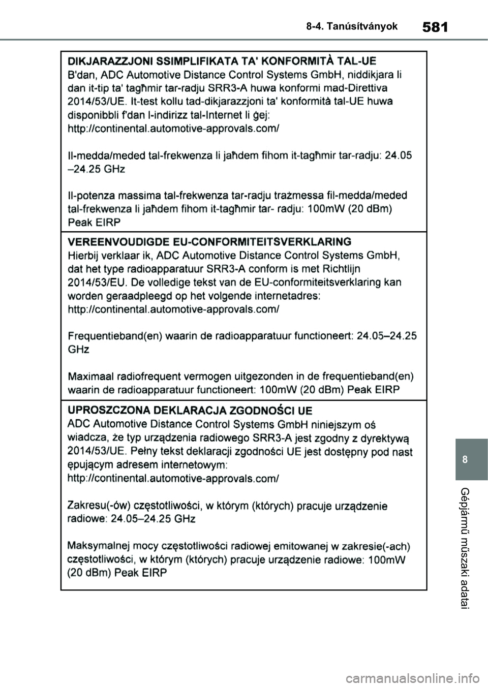 TOYOTA YARIS 2022  Kezelési útmutató (in Hungarian) 581
8
8-4. Tanúsítványok
Gépjármű műszaki adatai 