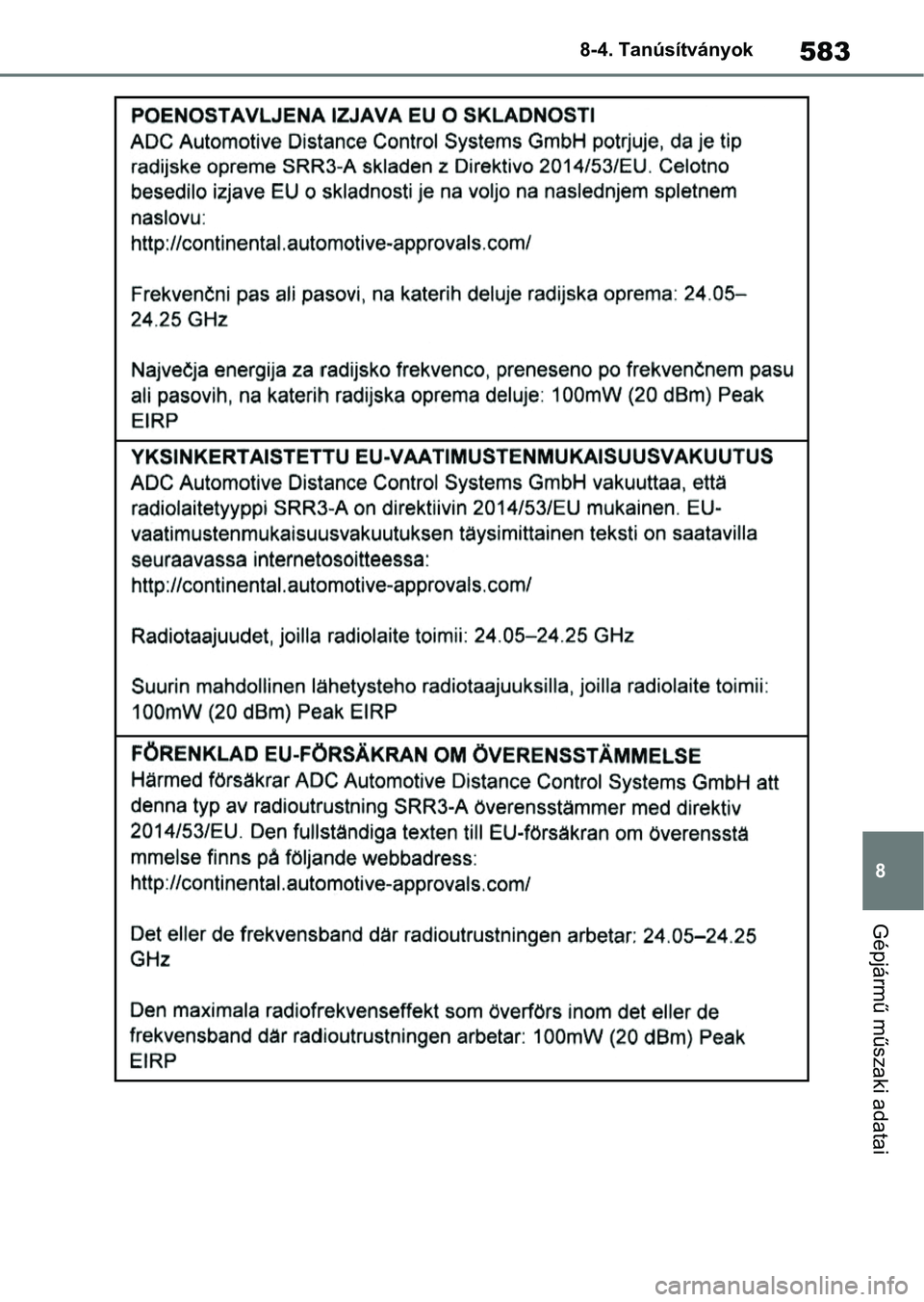 TOYOTA YARIS 2022  Kezelési útmutató (in Hungarian) 583
8
8-4. Tanúsítványok
Gépjármű műszaki adatai 