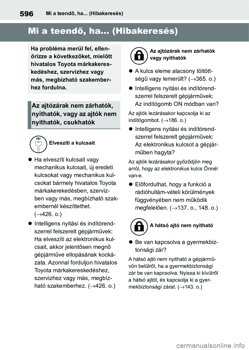 TOYOTA YARIS 2022  Kezelési útmutató (in Hungarian) 596Mi a teendő, ha... (Hibakeresés)
1-1.Mi a teendő, ha... (Hibakeresés)Mi a teendő, ha... (Hibakeresés)
 Ha elveszíti kulcsait vagy
mechanikus k ulcsait, új eredeti
kulcsokat vagy mechanik