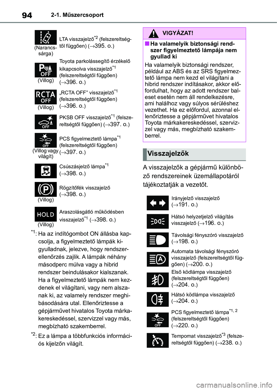 TOYOTA YARIS 2022  Kezelési útmutató (in Hungarian) 942-1. Műszercsoport
*1: Ha az indítógombot ON állásba kap-csolja, a figyelmeztető lámpák ki-
gyulladnak, jelezve, hogy rendszer-
ellenőrzés zajlik. A lámpák néhány 
másodperc múlva va