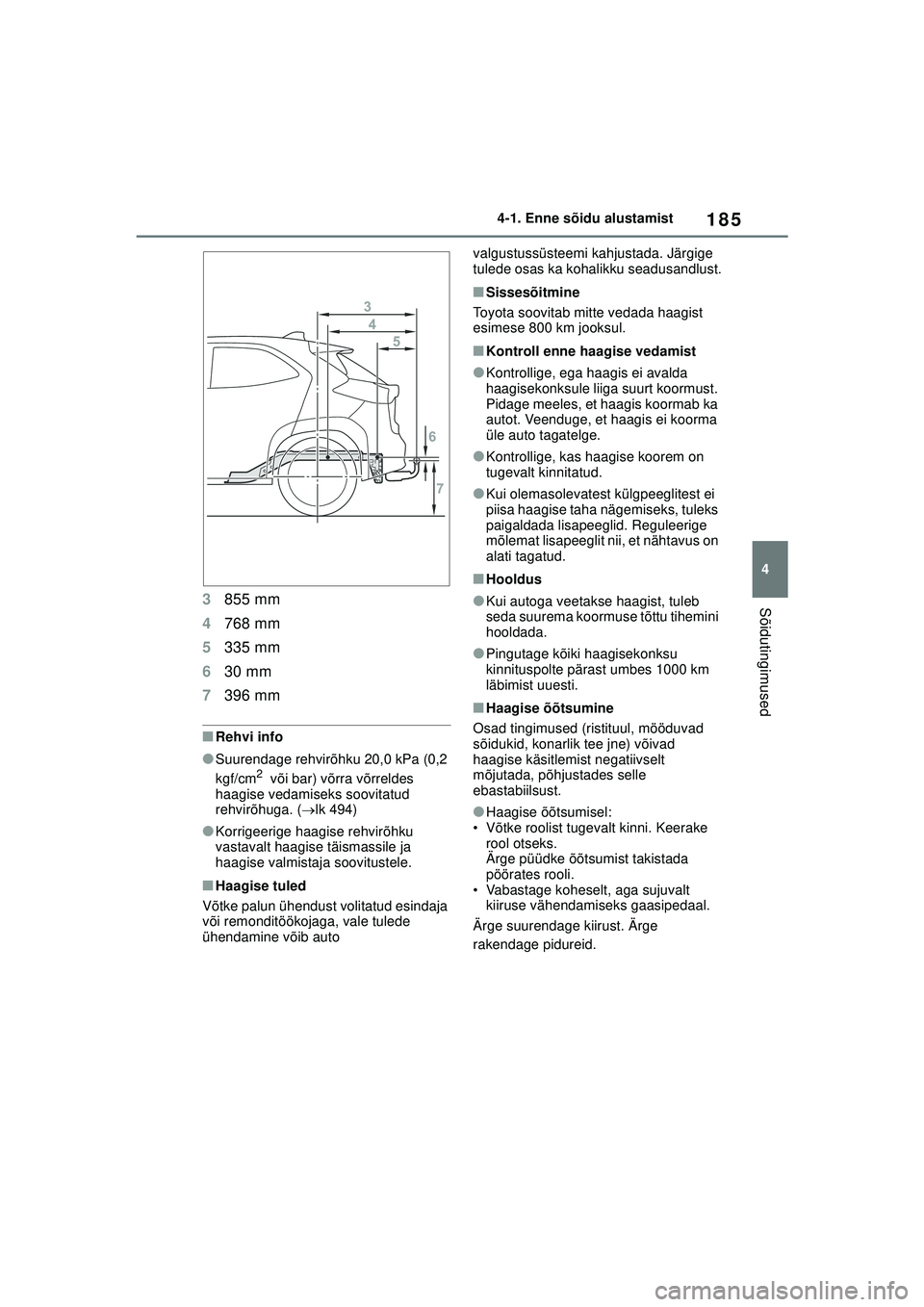 TOYOTA YARIS CROSS 2021  Kasutusjuhend (in Estonian) 185
4
YARIS CROSS Owners Manual_Europe_M52K60_EE
4-1. Enne sõidu alustamist
Sõidutingimused3855 mm
4 768 mm
5 335 mm
6 30 mm
7 396 mm
■Rehvi info
●Suurendage rehvirõhku 20,0 kPa (0,2 
kgf/cm2 