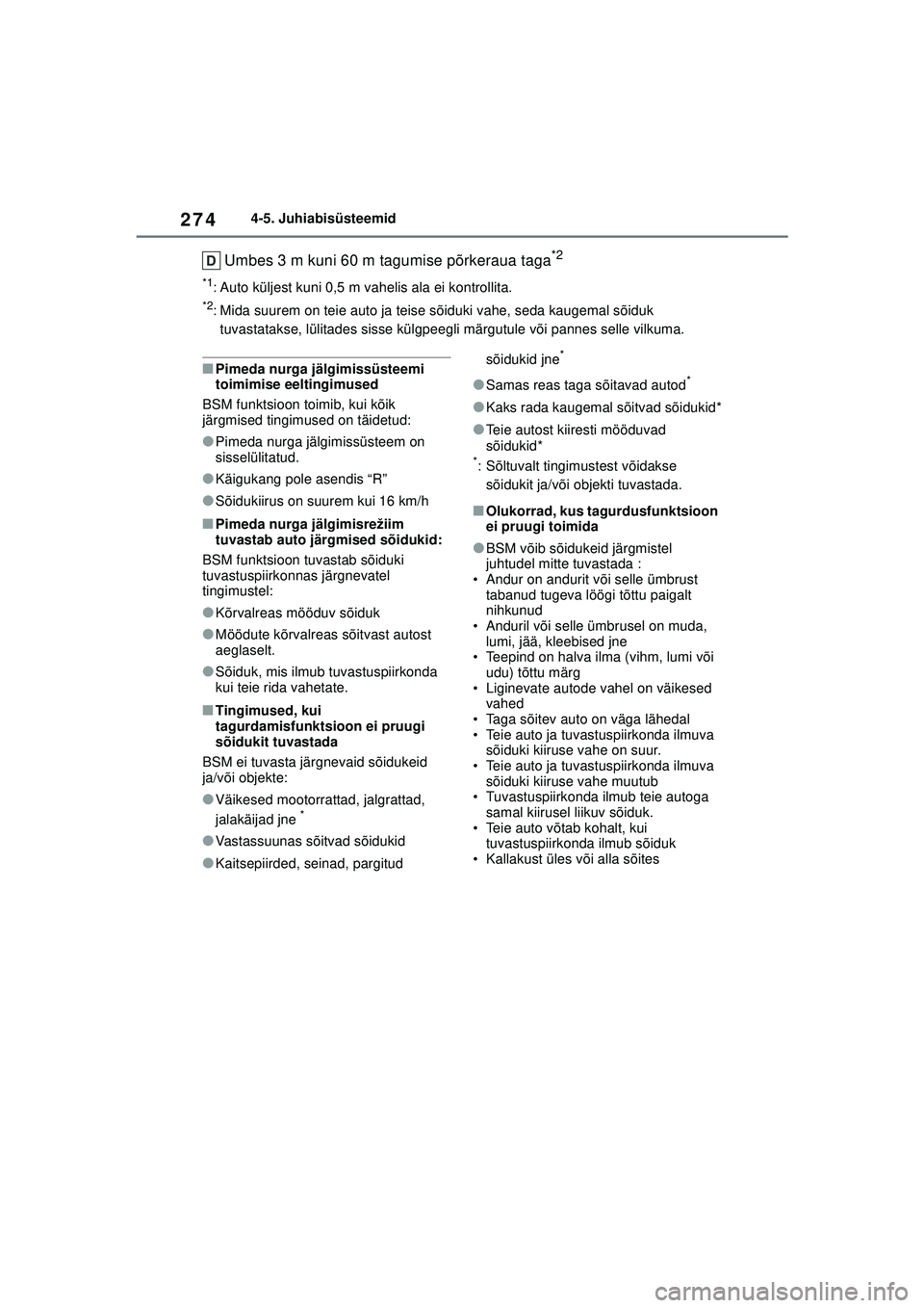 TOYOTA YARIS CROSS 2021 Kasutusjuhend (in Estonian) 274
YARIS CROSS Owners Manual_Europe_M52K60_EE
4-5. Juhiabisüsteemid
Umbes 3 m kuni 60 m tagumise põrkeraua taga*2
*1: Auto küljest kuni 0,5 m vahelis ala ei kontrollita.
*2: Mida suurem on teie a TOYOTA YARIS CROSS 2021 Kasutusjuhend (in Estonian) 274
YARIS CROSS Owners Manual_Europe_M52K60_EE
4-5. Juhiabisüsteemid
Umbes 3 m kuni 60 m tagumise põrkeraua taga*2
*1: Auto küljest kuni 0,5 m vahelis ala ei kontrollita.
*2: Mida suurem on teie a