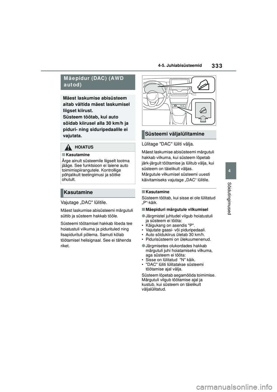 TOYOTA YARIS CROSS 2021  Kasutusjuhend (in Estonian) 333
4
YARIS CROSS Owners Manual_Europe_M52K60_EE
4-5. Juhiabisüsteemid
Sõidutingimused
Vajutage „DAC" lülitile.
Mäest laskumise abisüsteemi märgutuli 
süttib ja süsteem hakkab tööle.
Süs