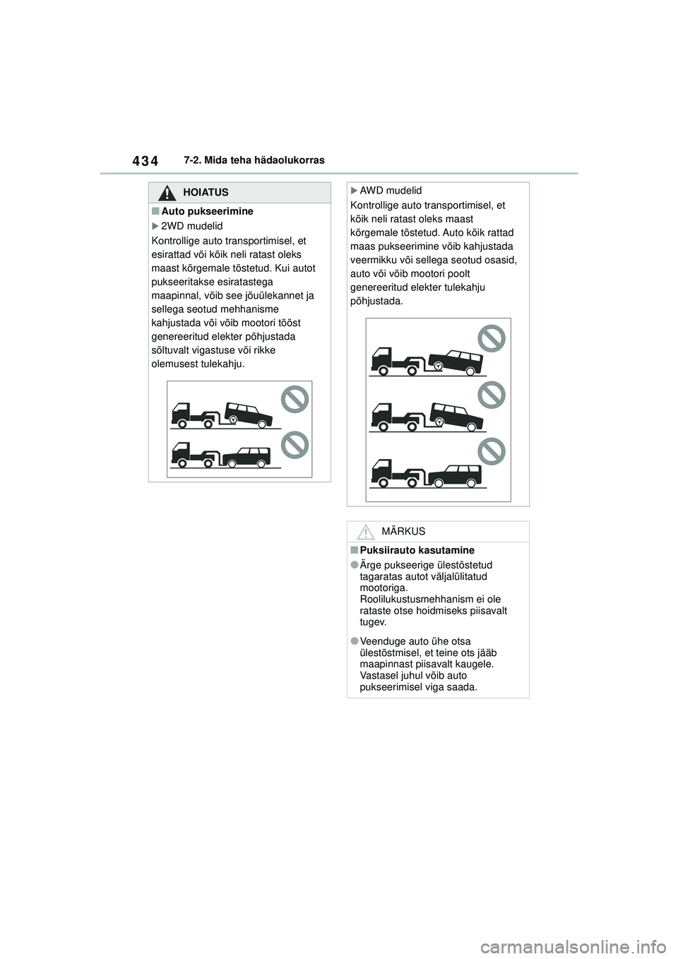 TOYOTA YARIS CROSS 2021  Kasutusjuhend (in Estonian) 434
YARIS CROSS Owners Manual_Europe_M52K60_EE
7-2. Mida teha hädaolukorras
HOIATUS
■Auto pukseerimine
�X2WD mudelid
Kontrollige auto transportimisel, et 
esirattad või kõik neli ratast oleks 
m