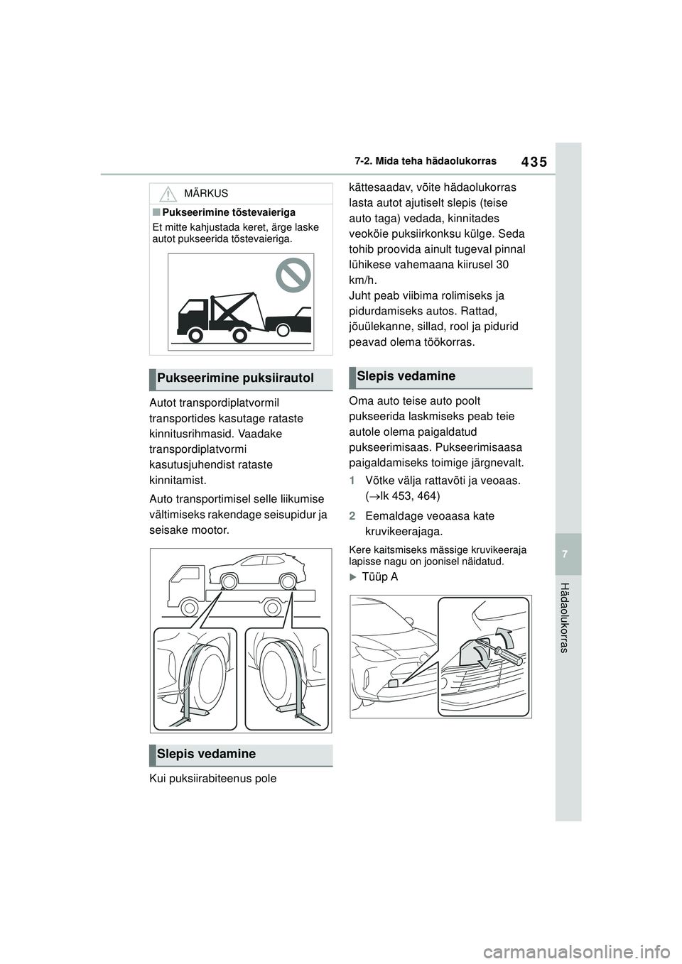 TOYOTA YARIS CROSS 2021  Kasutusjuhend (in Estonian) 435
7
YARIS CROSS Owners Manual_Europe_M52K60_EE
7-2. Mida teha hädaolukorras
Hädaolukorras
Autot transpordiplatvormil 
transportides kasutage rataste 
kinnitusrihmasid. Vaadake 
transpordiplatvorm