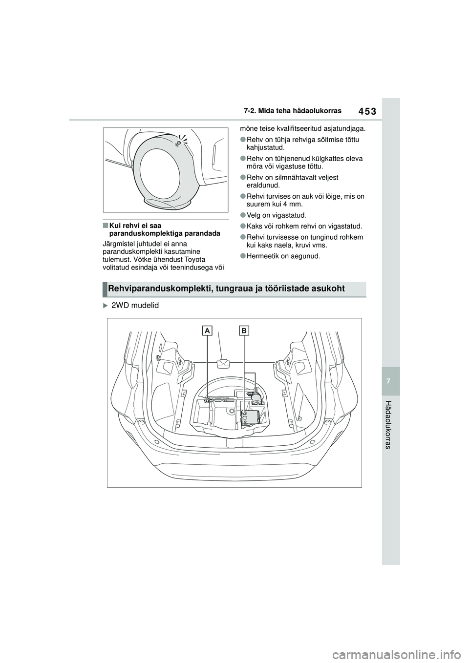 TOYOTA YARIS CROSS 2021  Kasutusjuhend (in Estonian) 453
7
YARIS CROSS Owners Manual_Europe_M52K60_EE
7-2. Mida teha hädaolukorras
Hädaolukorras
■Kui rehvi ei saa 
paranduskomplektiga parandada
Järgmistel juhtudel ei anna 
paranduskomplekti kasuta