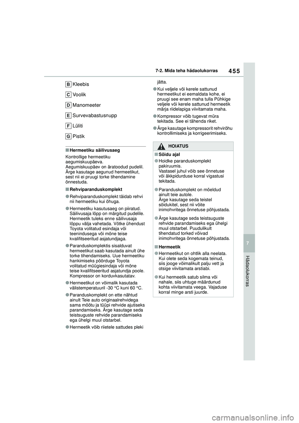 TOYOTA YARIS CROSS 2021  Kasutusjuhend (in Estonian) 455
7
YARIS CROSS Owners Manual_Europe_M52K60_EE
7-2. Mida teha hädaolukorras
Hädaolukorras
Kleebis
Voolik
Manomeeter
Survevabastusnupp
Lüliti
Pistik
■Hermeetiku säilivusaeg
Kontrollige hermeet