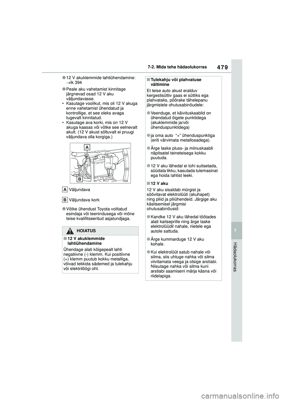 TOYOTA YARIS CROSS 2021 Kasutusjuhend (in Estonian) 479
7
YARIS CROSS Owners Manual_Europe_M52K60_EE
7-2. Mida teha hädaolukorras
Hädaolukorras
●12 V akuklemmide lahtiühendamine:
lk 394
●Peale aku vahetamist kinnitage
järgnevad osad 12 V TOYOTA YARIS CROSS 2021 Kasutusjuhend (in Estonian) 479
7
YARIS CROSS Owners Manual_Europe_M52K60_EE
7-2. Mida teha hädaolukorras
Hädaolukorras
●12 V akuklemmide lahtiühendamine:
lk 394
●Peale aku vahetamist kinnitage
järgnevad osad 12 V