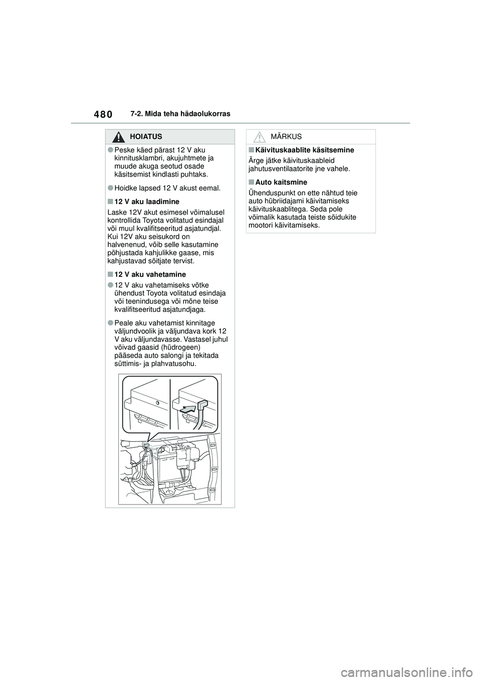 TOYOTA YARIS CROSS 2021  Kasutusjuhend (in Estonian) 480
YARIS CROSS Owners Manual_Europe_M52K60_EE
7-2. Mida teha hädaolukorras
HOIATUS
●Peske käed pärast 12 V aku 
kinnitusklambri, akujuhtmete ja 
muude akuga seotud osade 
käsitsemist kindlasti
