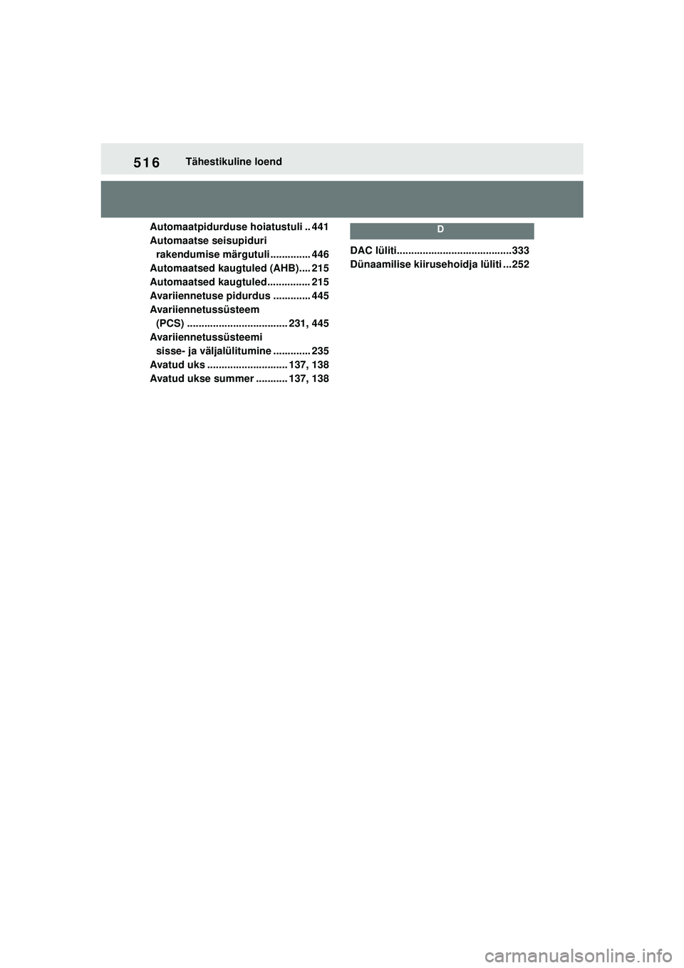 TOYOTA YARIS CROSS 2021  Kasutusjuhend (in Estonian) 516
YARIS CROSS Owners Manual_Europe_M52K60_EE
Tähestikuline loend
Automaatpidurduse hoiatustuli .. 441
Automaatse seisupiduri  rakendumise märgutuli .............. 446
Automaatsed kaugtuled (AHB).