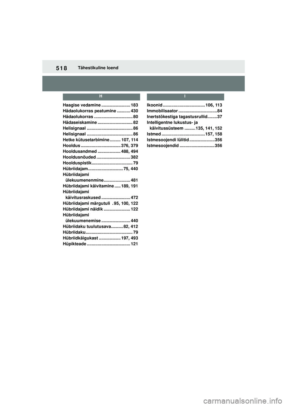 TOYOTA YARIS CROSS 2021  Kasutusjuhend (in Estonian) 518
YARIS CROSS Owners Manual_Europe_M52K60_EE
Tähestikuline loend
H
Haagise vedamine ........................ 183
Hädaolukorras peatumine ........... 430
Hädaolukorras ...........................