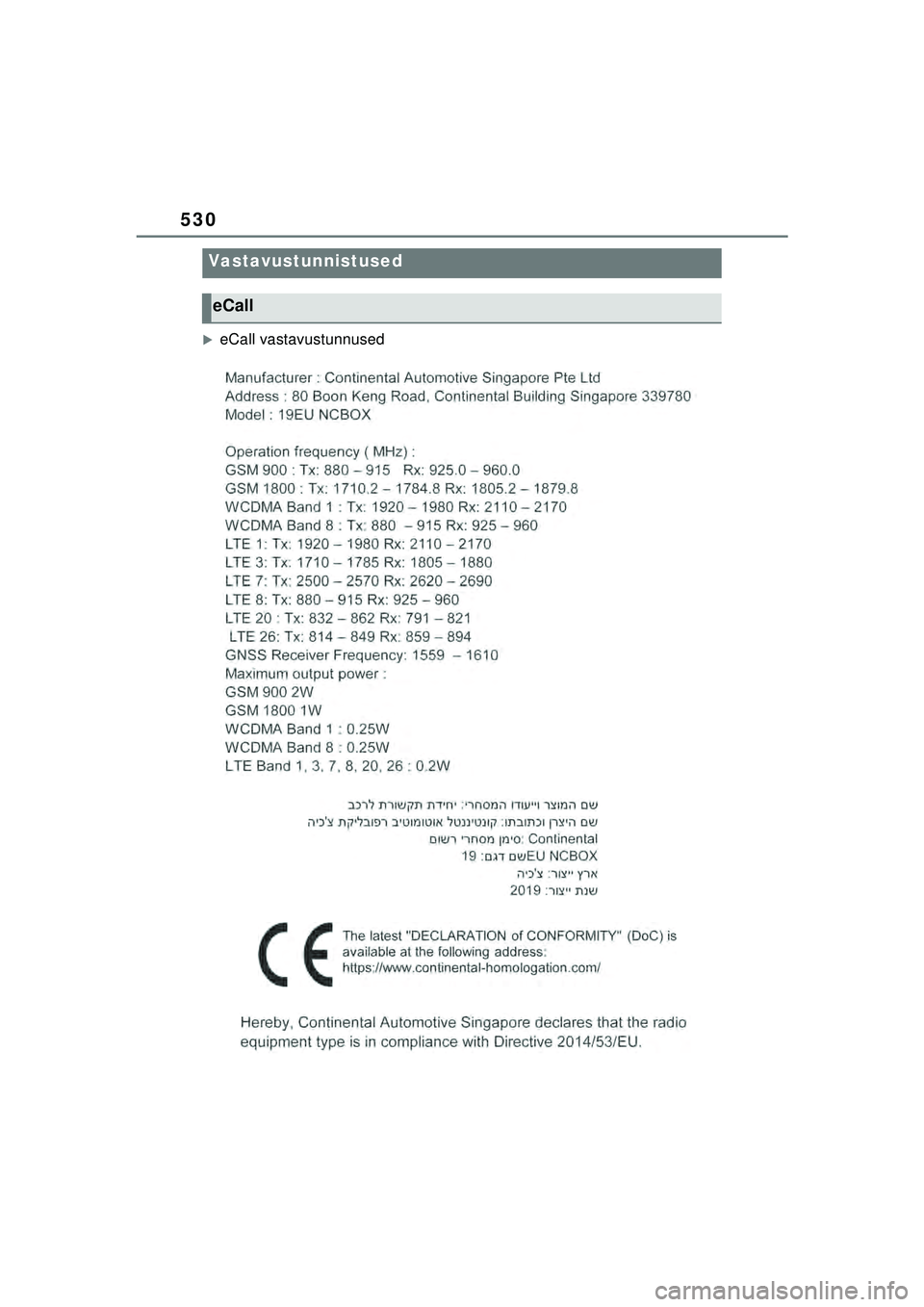 TOYOTA YARIS CROSS 2021  Kasutusjuhend (in Estonian) 530
YARIS CROSS Owners Manual_Europe_M52K60_EE
�XeCall vastavustunnused
Vastavustunnistused
eCall
YARIS_CROSS_HV_OM_Europe_OM52K60EE.book  Page 530  Wednesday, July 7, 2021  8:20 AM 