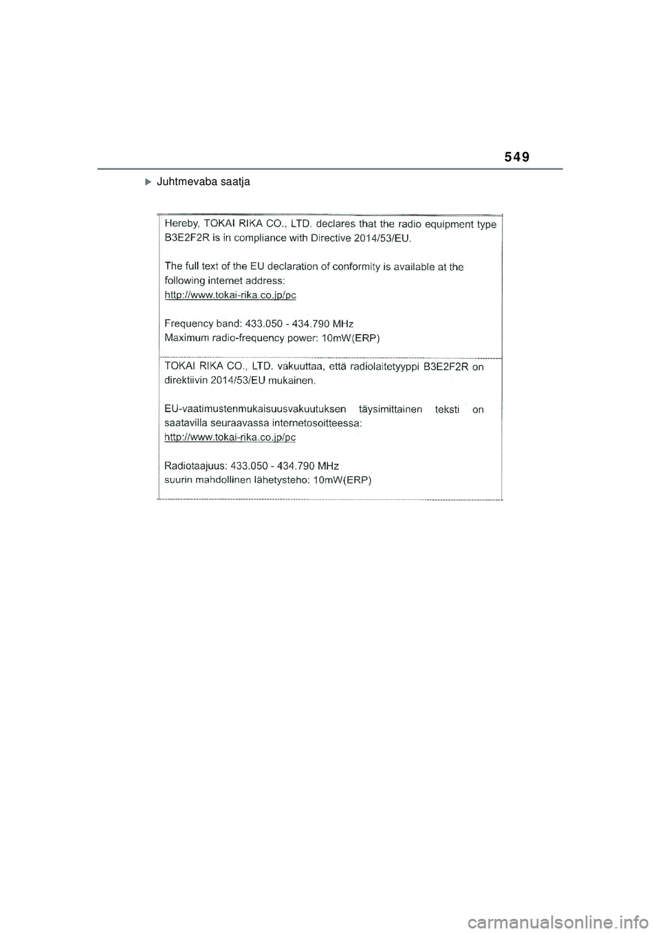 TOYOTA YARIS CROSS 2021  Kasutusjuhend (in Estonian) 549
YARIS CROSS Owners Manual_Europe_M52K60_EE
�XJuhtmevaba saatja
YARIS_CROSS_HV_OM_Europe_OM52K60EE.book  Page 549  Wednesday, July 7, 2021  8:20 AM 