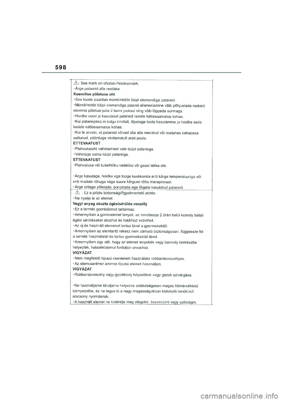 TOYOTA YARIS CROSS 2021  Kasutusjuhend (in Estonian) 598
YARIS CROSS Owners Manual_Europe_M52K60_EE
YARIS_CROSS_HV_OM_Europe_OM52K60EE.book  Page 598  Wednesday, July 7, 2021  8:20 AM 