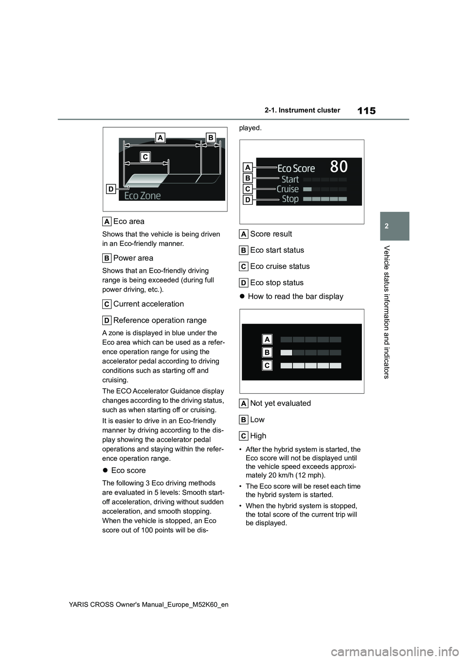 TOYOTA YARIS CROSS 2021  Owners Manual 115
2
YARIS CROSS Owner's Manual_Europe_M52K60_en
2-1. Instrument cluster
Vehicle status information and indicators
Eco area
Shows that the vehicle is being driven  
in an Eco-friendly manner.
Pow