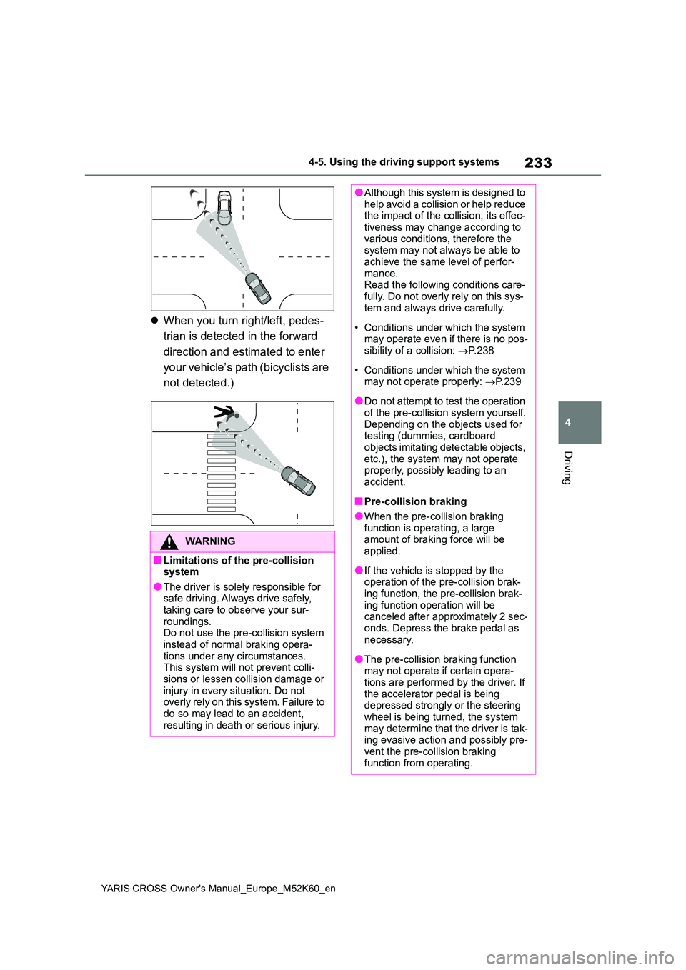 TOYOTA YARIS CROSS 2021 Owners Manual 233
4
YARIS CROSS Owner's Manual_Europe_M52K60_en
4-5. Using the driving support systems
Driving
When you turn right/left, pedes-
trian is detected in the forward
direction and estimated to TOYOTA YARIS CROSS 2021 Owners Manual 233
4
YARIS CROSS Owner's Manual_Europe_M52K60_en
4-5. Using the driving support systems
Driving
When you turn right/left, pedes-
trian is detected in the forward
direction and estimated to