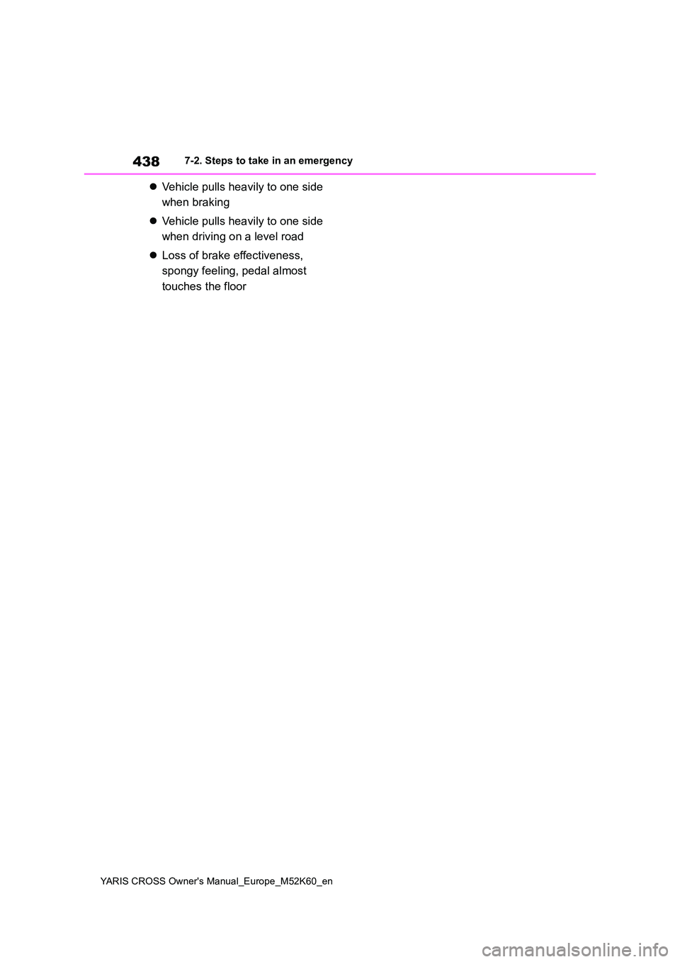 TOYOTA YARIS CROSS 2021  Owners Manual 438
YARIS CROSS Owner's Manual_Europe_M52K60_en
7-2. Steps to take in an emergency
Vehicle pulls heavily to one side  
when braking 
 Vehicle pulls heavily to one side  
when driving on a le