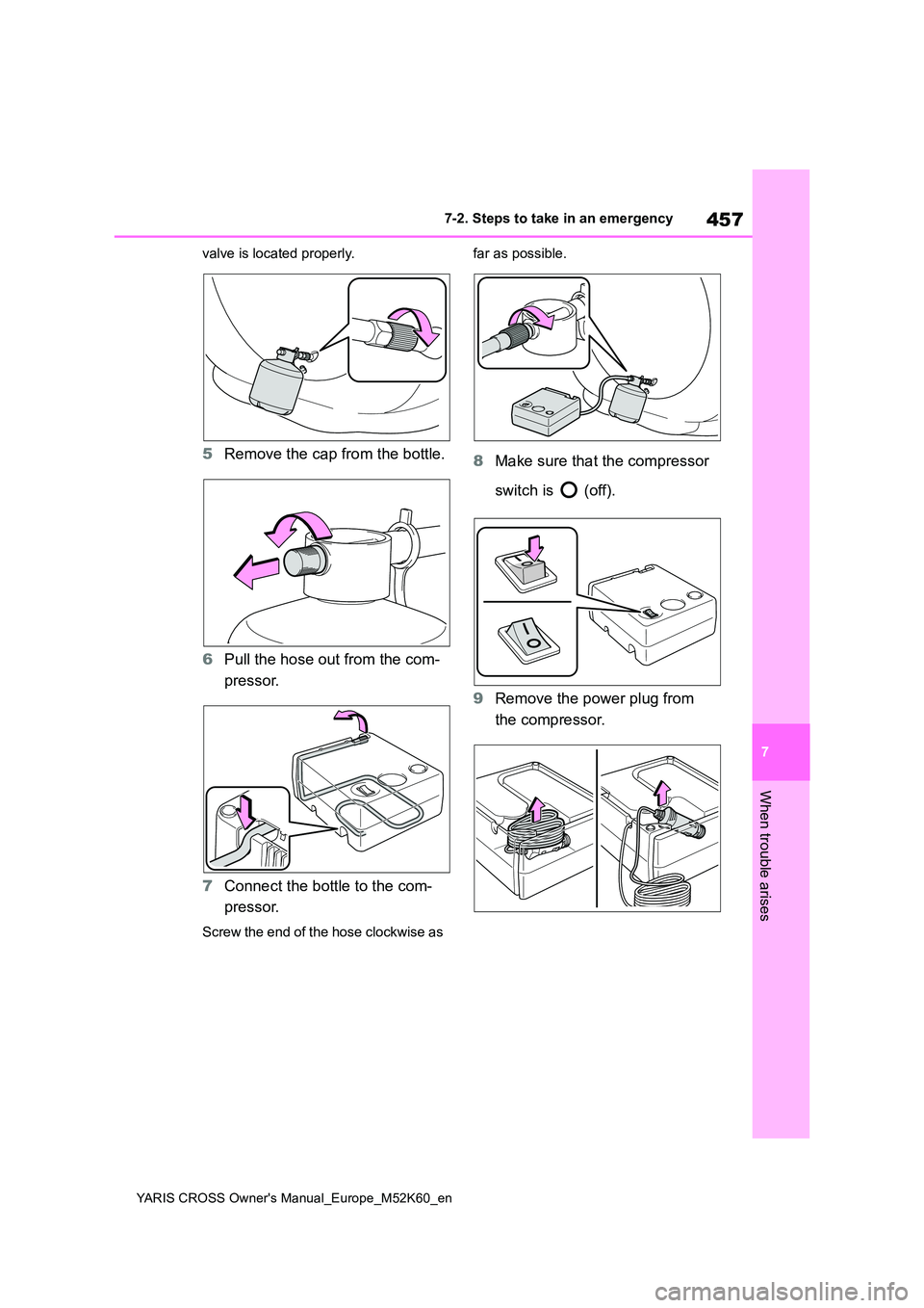 TOYOTA YARIS CROSS 2021  Owners Manual 457
7
YARIS CROSS Owner's Manual_Europe_M52K60_en
7-2. Steps to take in an emergency
When trouble arises
valve is located properly.
5Remove the cap from the bottle. 
6 Pull the hose out from the c