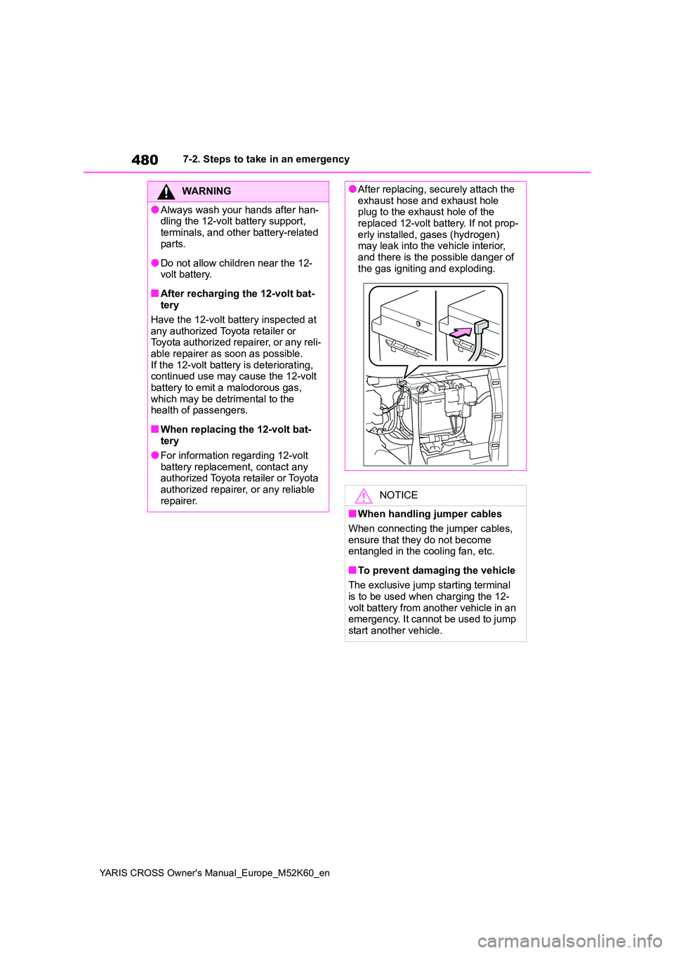 TOYOTA YARIS CROSS 2021 Owners Manual 480
YARIS CROSS Owner's Manual_Europe_M52K60_en
7-2. Steps to take in an emergency
WARNING
●Always wash your hands after han- dling the 12-volt battery support,
terminals, and other battery-re TOYOTA YARIS CROSS 2021 Owners Manual 480
YARIS CROSS Owner's Manual_Europe_M52K60_en
7-2. Steps to take in an emergency
WARNING
●Always wash your hands after han- dling the 12-volt battery support,
terminals, and other battery-re