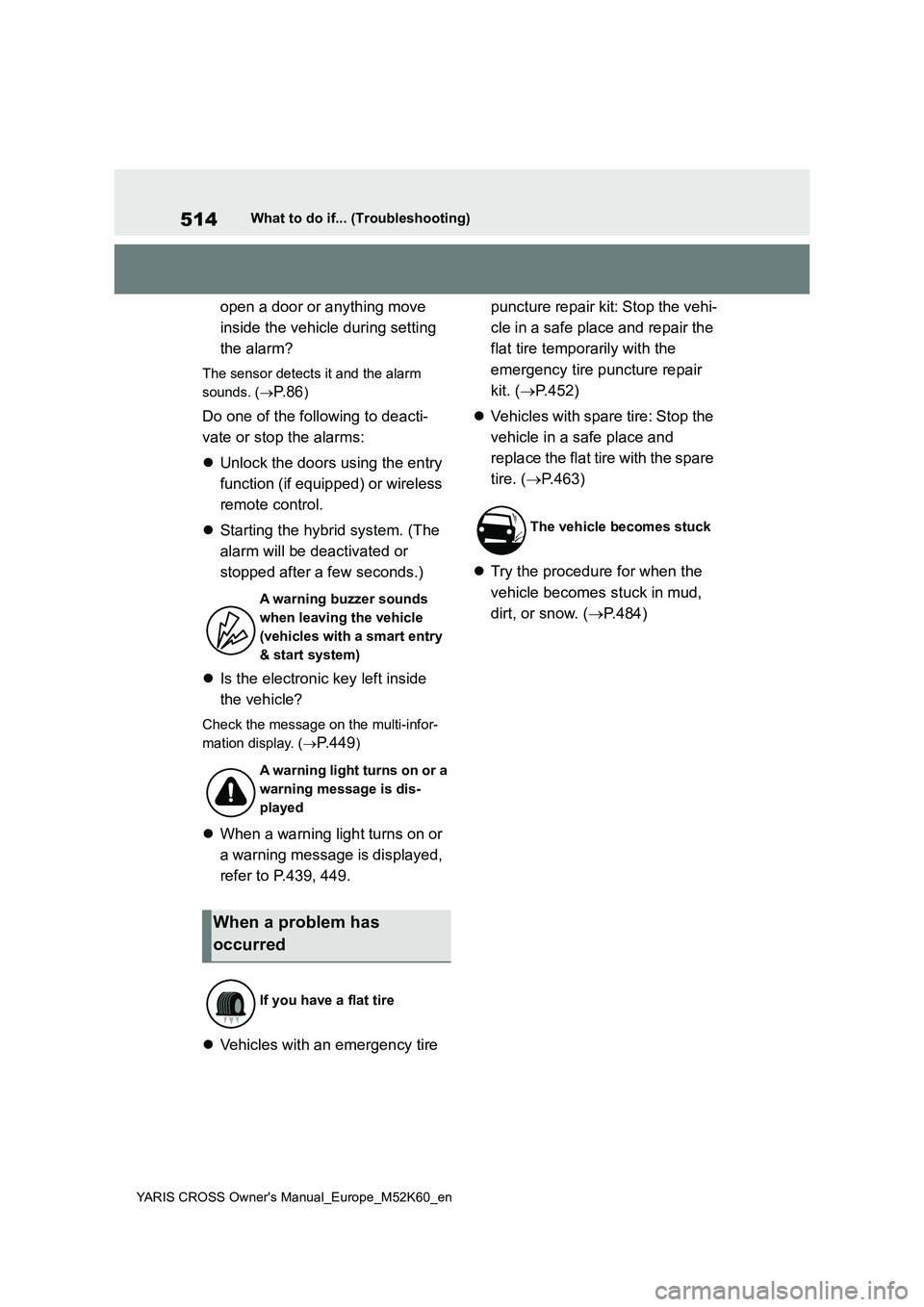 TOYOTA YARIS CROSS 2021  Owners Manual 514
YARIS CROSS Owner's Manual_Europe_M52K60_en
What to do if... (Troubleshooting)
open a door or anything move  
inside the vehicle during setting  
the alarm?
The sensor detects it and the alarm