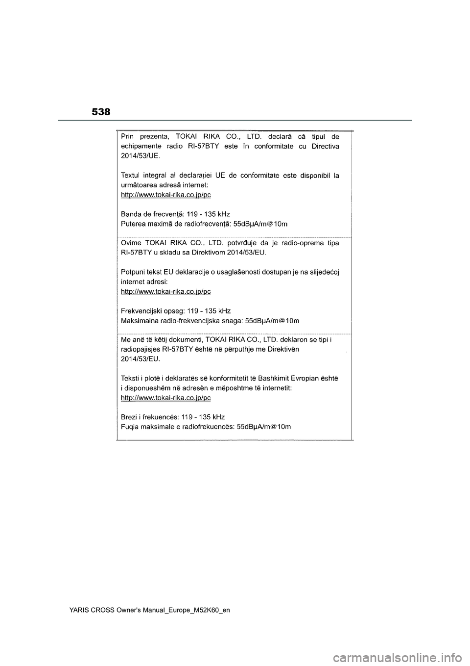TOYOTA YARIS CROSS 2021  Owners Manual 538
YARIS CROSS Owner's Manual_Europe_M52K60_en 