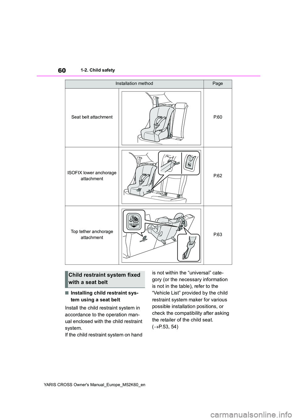 TOYOTA YARIS CROSS 2021  Owners Manual 60
YARIS CROSS Owner's Manual_Europe_M52K60_en
1-2. Child safety
■Installing child restraint sys- 
tem using a seat belt 
Install the child restraint system in  
accordance to the operation man-