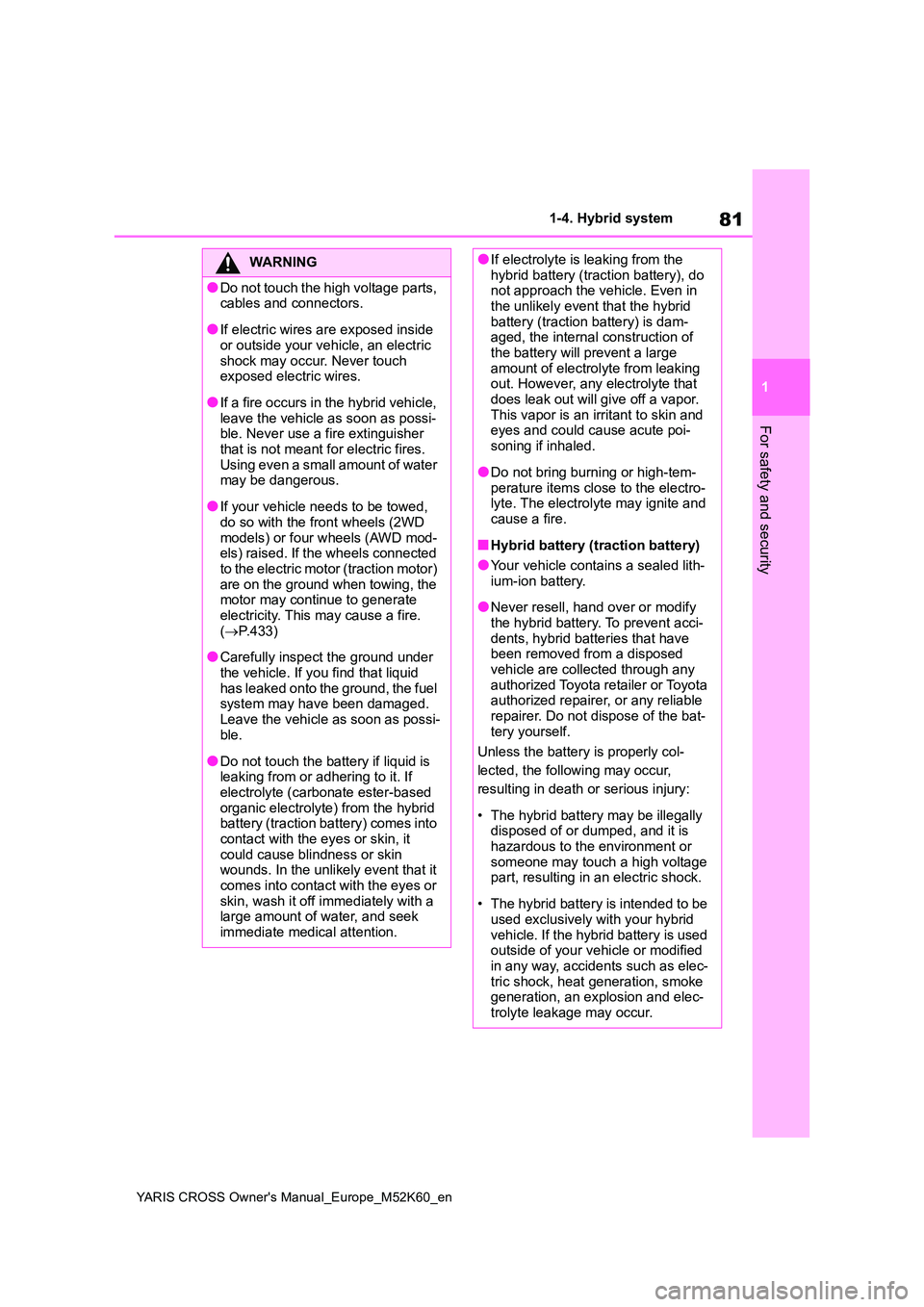 TOYOTA YARIS CROSS 2021 Owners Manual 81
1
YARIS CROSS Owner's Manual_Europe_M52K60_en
1-4. Hybrid system
For safety and security
WARNING
●Do not touch the high voltage parts, cables and connectors.
●If electric wires are exposed TOYOTA YARIS CROSS 2021 Owners Manual 81
1
YARIS CROSS Owner's Manual_Europe_M52K60_en
1-4. Hybrid system
For safety and security
WARNING
●Do not touch the high voltage parts, cables and connectors.
●If electric wires are exposed