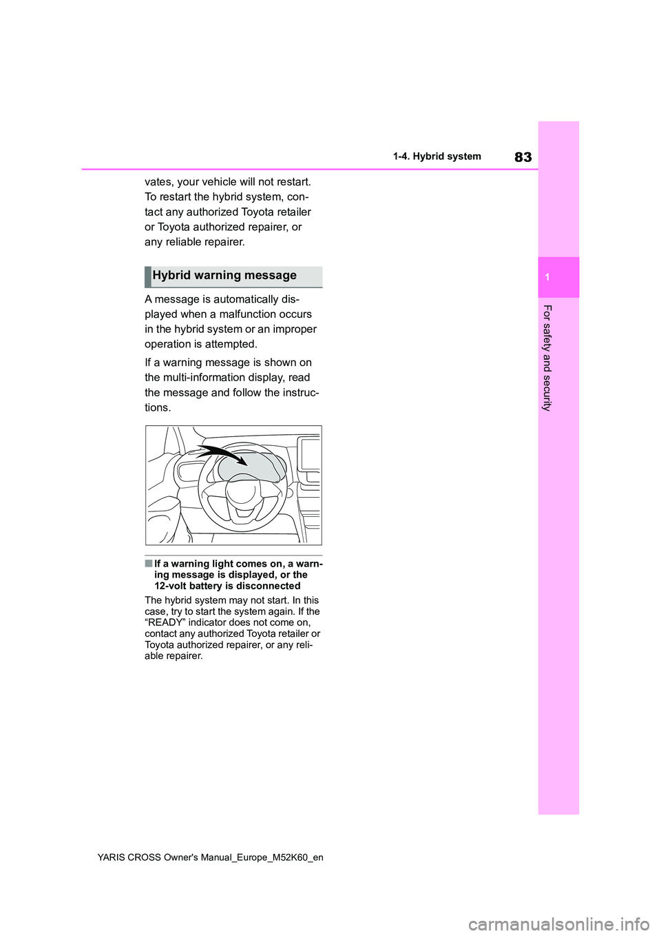 TOYOTA YARIS CROSS 2021  Owners Manual 83
1
YARIS CROSS Owner's Manual_Europe_M52K60_en
1-4. Hybrid system
For safety and security
vates, your vehicle will not restart.  
To restart the hybrid system, con- 
tact any authorized Toyota r