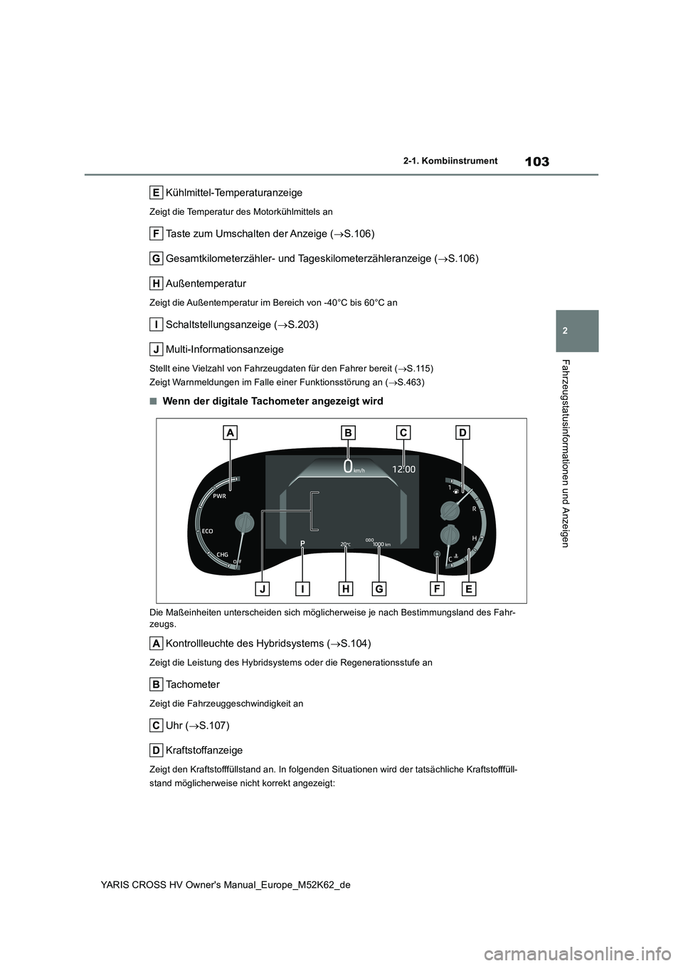 TOYOTA YARIS CROSS 2021  Betriebsanleitungen (in German) 103
2
YARIS CROSS HV Owner's Manual_Europe_M52K62_de
2-1. Kombiinstrument
Fahrzeugstatusinformationen und Anzeigen
Kühlmittel-Temperaturanzeige
Zeigt die Temperatur des Motorkühlmittels an
Taste