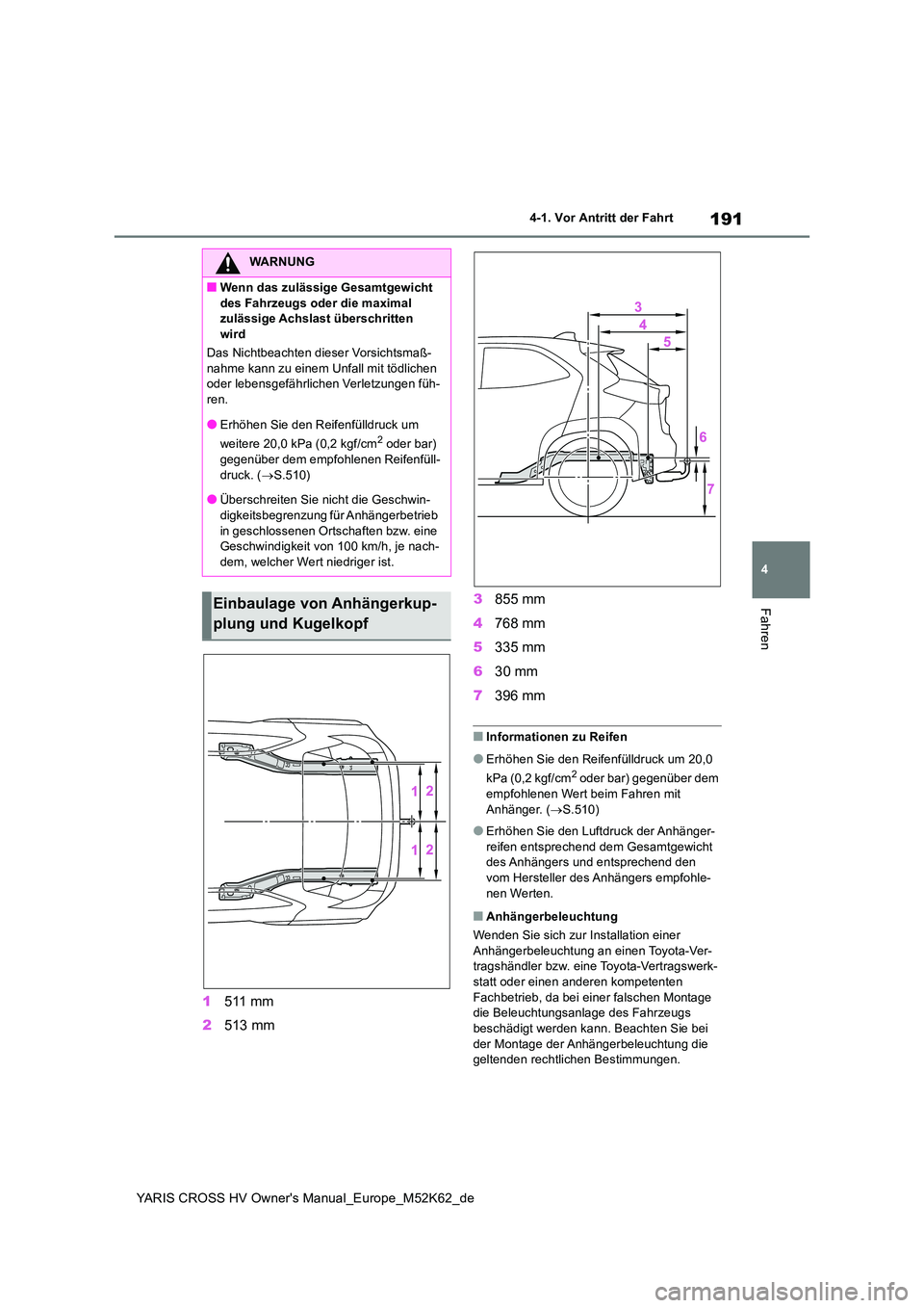 TOYOTA YARIS CROSS 2021  Betriebsanleitungen (in German) 191
4
YARIS CROSS HV Owner's Manual_Europe_M52K62_de
4-1. Vor Antritt der Fahrt
Fahren
1511 mm 
2 513 mm 
3 855 mm 
4 768 mm 
5 335 mm 
6 30 mm 
7 396 mm
■Informationen zu Reifen
●Erhöhen Sie