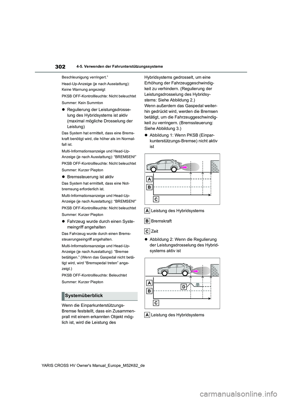 TOYOTA YARIS CROSS 2021  Betriebsanleitungen (in German) 302
YARIS CROSS HV Owner's Manual_Europe_M52K62_de
4-5. Verwenden der Fahrunterstützungssysteme 
Beschleunigung verringert.” 
Head-Up-Anzeige (je nach Ausstattung):  
Keine Warnung angezeigt 
P