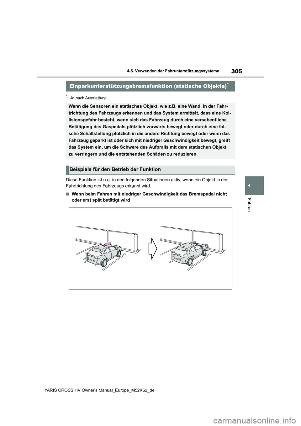 TOYOTA YARIS CROSS 2021  Betriebsanleitungen (in German) 305
4
YARIS CROSS HV Owner's Manual_Europe_M52K62_de
4-5. Verwenden der Fahrunterstützungssysteme
Fahren
*: Je nach Ausstattung
Diese Funktion ist u.a. in den folgenden Situationen aktiv, wenn ei