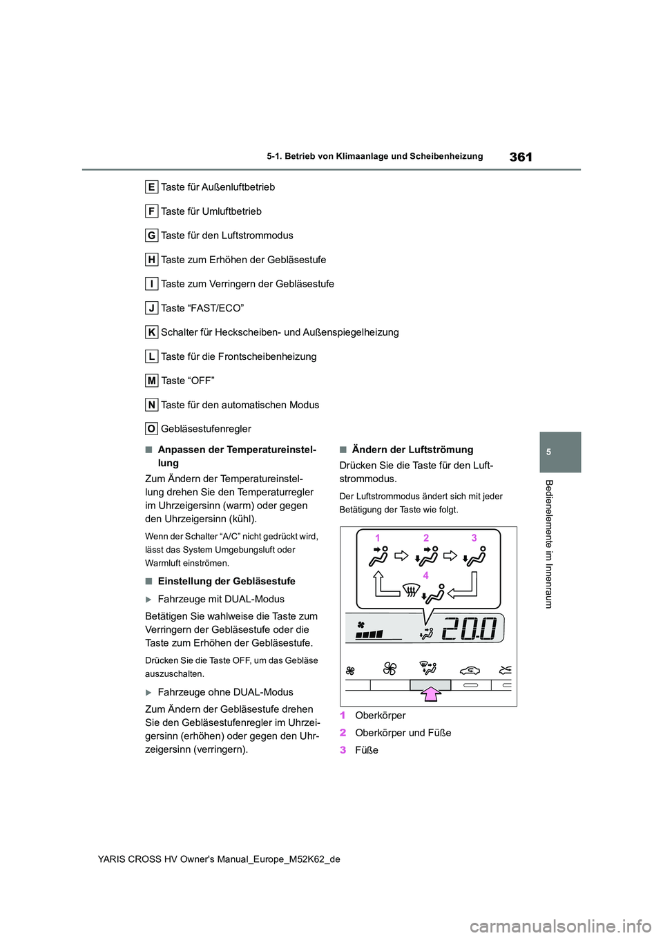 TOYOTA YARIS CROSS 2021  Betriebsanleitungen (in German) 361
5
YARIS CROSS HV Owner's Manual_Europe_M52K62_de
5-1. Betrieb von Klimaanlage und Scheibenheizung
Bedienelemente im Innenraum
Taste für Außenluftbetrieb 
Taste für Umluftbetrieb
Taste für 