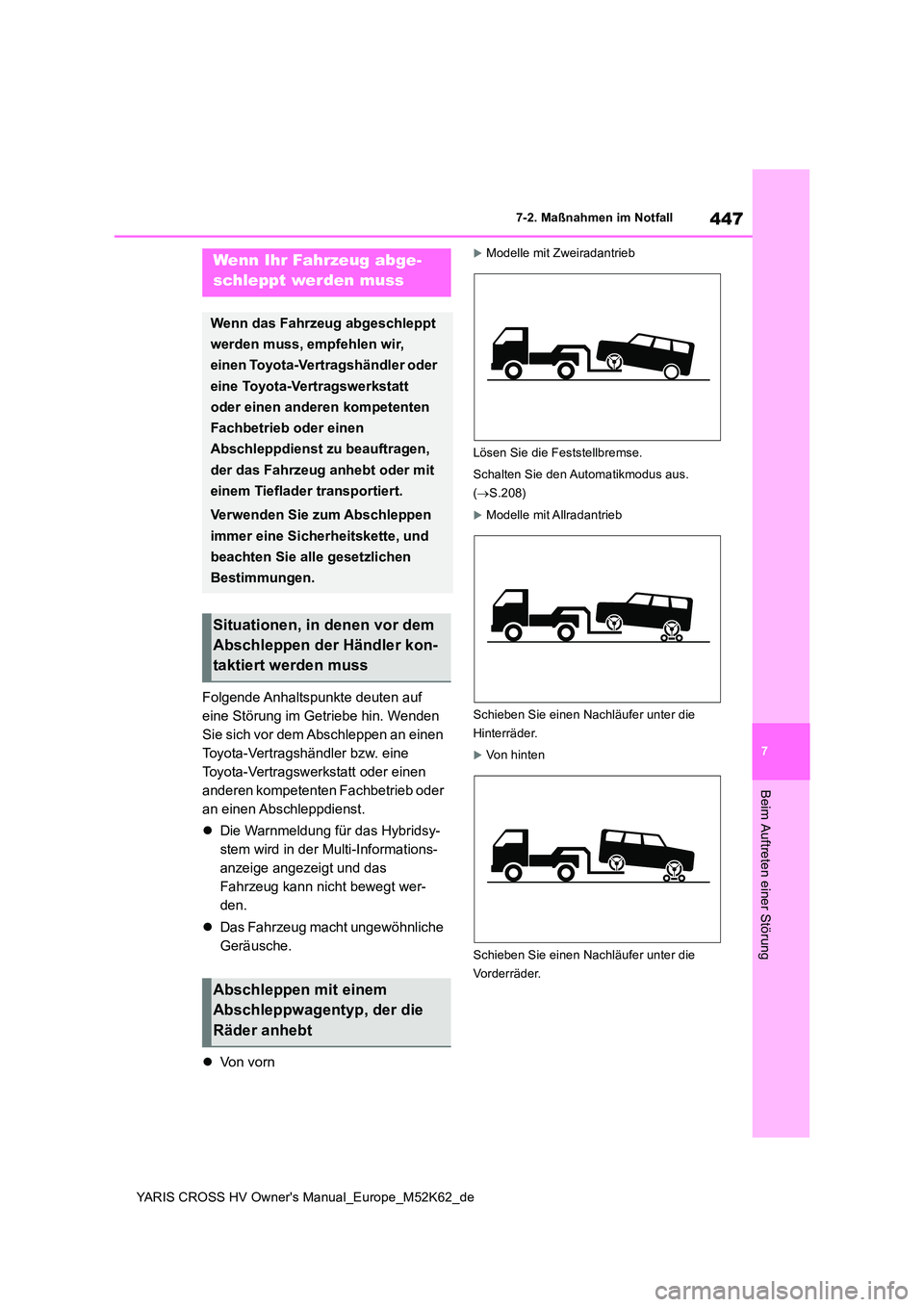 TOYOTA YARIS CROSS 2021  Betriebsanleitungen (in German) 447
7
YARIS CROSS HV Owner's Manual_Europe_M52K62_de
7-2. Maßnahmen im Notfall
Beim Auftreten einer Störung
7-2.Maßna hmen im Notfall
Folgende Anhaltspunkte deuten auf  
eine Störung im Getrie