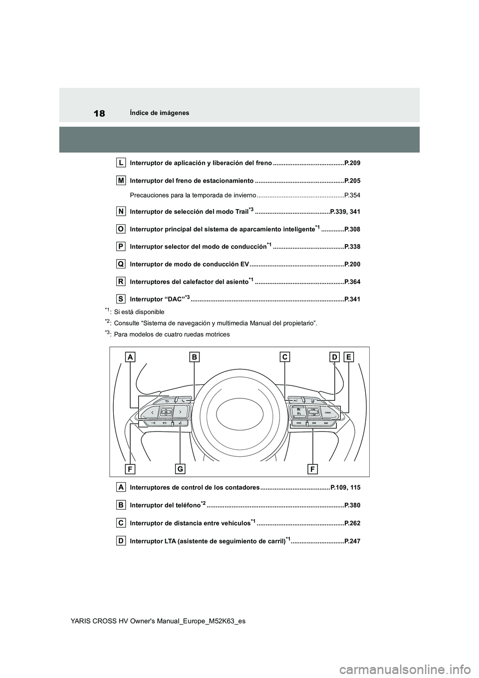 TOYOTA YARIS CROSS 2021  Manuale de Empleo (in Spanish) 18
YARIS CROSS HV Owner's Manual_Europe_M52K63_es
Índice de imágenes 
Interruptor de aplicación y liberación del freno ............... .........................P.209 
Interruptor del freno de 