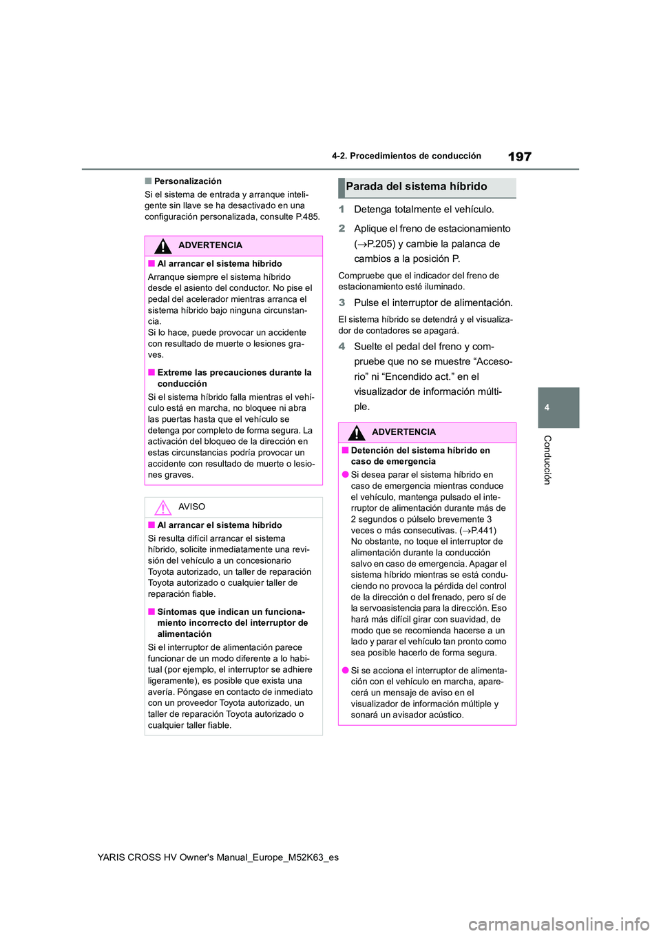 TOYOTA YARIS CROSS 2021  Manuale de Empleo (in Spanish) 197
4
YARIS CROSS HV Owner's Manual_Europe_M52K63_es
4-2. Procedimientos de conducción
Conducción
■Personalización 
Si el sistema de entrada y arranque inteli- gente sin llave se ha desactiva