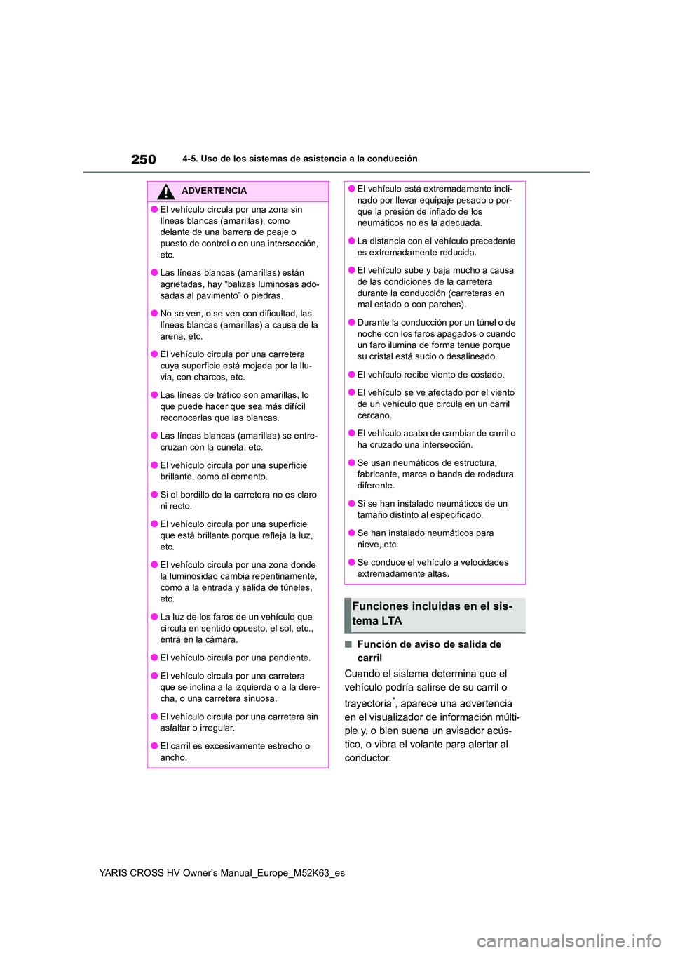 TOYOTA YARIS CROSS 2021  Manuale de Empleo (in Spanish) 250
YARIS CROSS HV Owner's Manual_Europe_M52K63_es
4-5. Uso de los sistemas de asistencia a la conducción
■Función de aviso de salida de  
carril 
Cuando el sistema determina que el  
vehícul