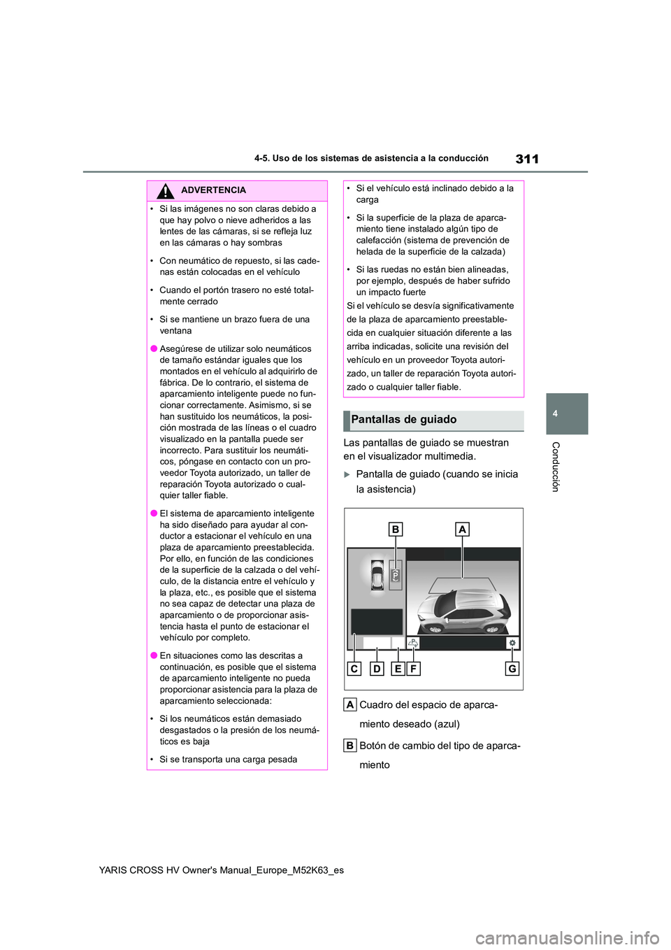 TOYOTA YARIS CROSS 2021  Manuale de Empleo (in Spanish) 311
4
YARIS CROSS HV Owner's Manual_Europe_M52K63_es
4-5. Uso de los sistemas de asistencia a la conducción
ConducciónLas pantallas de guiado se muestran  
en el visualizador multimedia.
Pant
