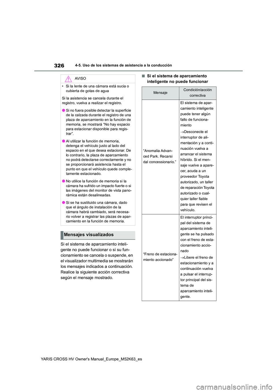 TOYOTA YARIS CROSS 2021  Manuale de Empleo (in Spanish) 326
YARIS CROSS HV Owner's Manual_Europe_M52K63_es
4-5. Uso de los sistemas de asistencia a la conducción
Si el sistema de aparcamiento inteli- 
gente no puede funcionar o si su fun-
cionamiento 