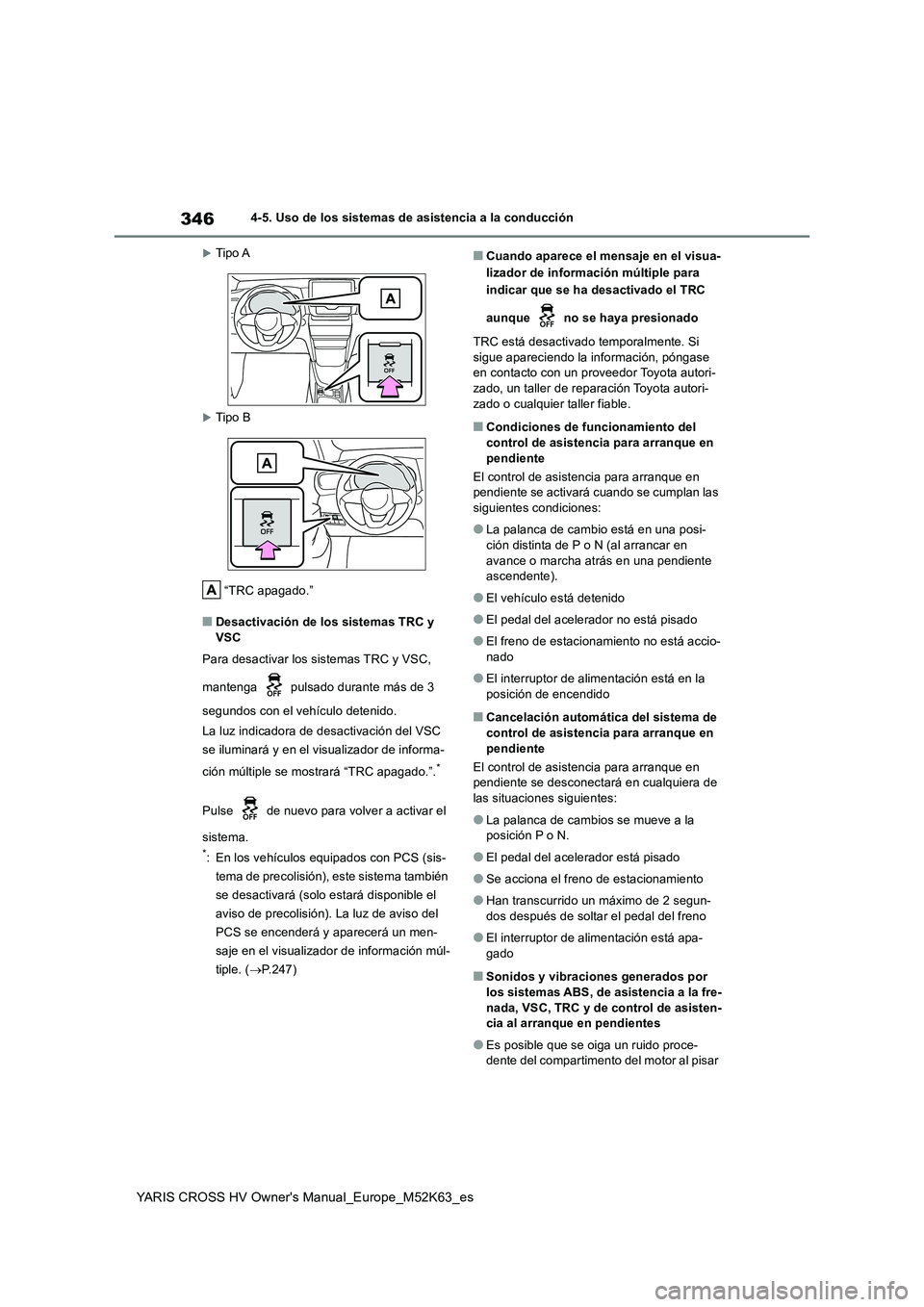 TOYOTA YARIS CROSS 2021  Manuale de Empleo (in Spanish) 346
YARIS CROSS HV Owner's Manual_Europe_M52K63_es
4-5. Uso de los sistemas de asistencia a la conducción
Tipo A
Tipo B 
“TRC apagado.”
■Desactivación de los sistemas TRC y  
VSC 
Pa